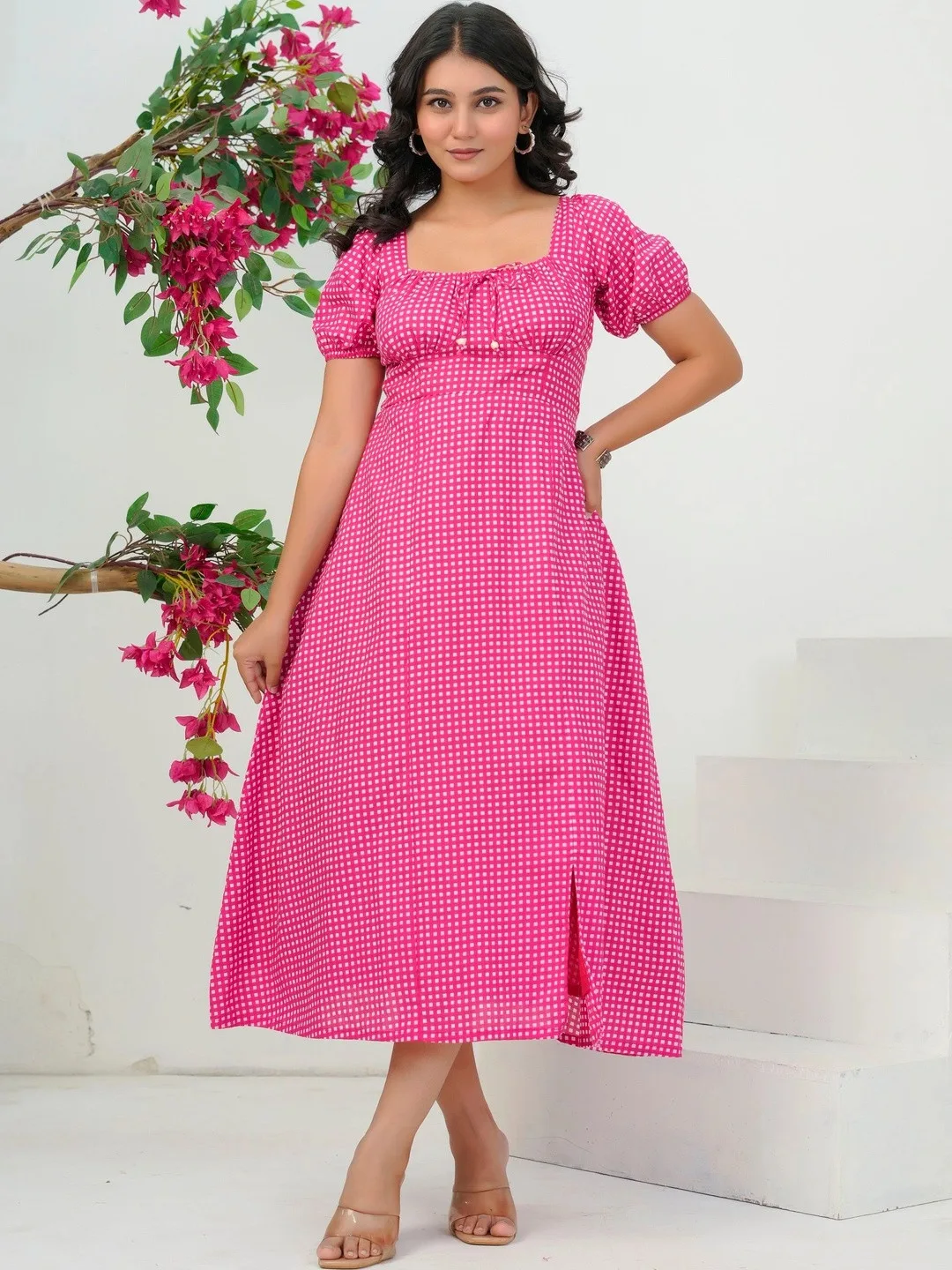 Pink Checked Puff Sleeve A Line Midi Dress