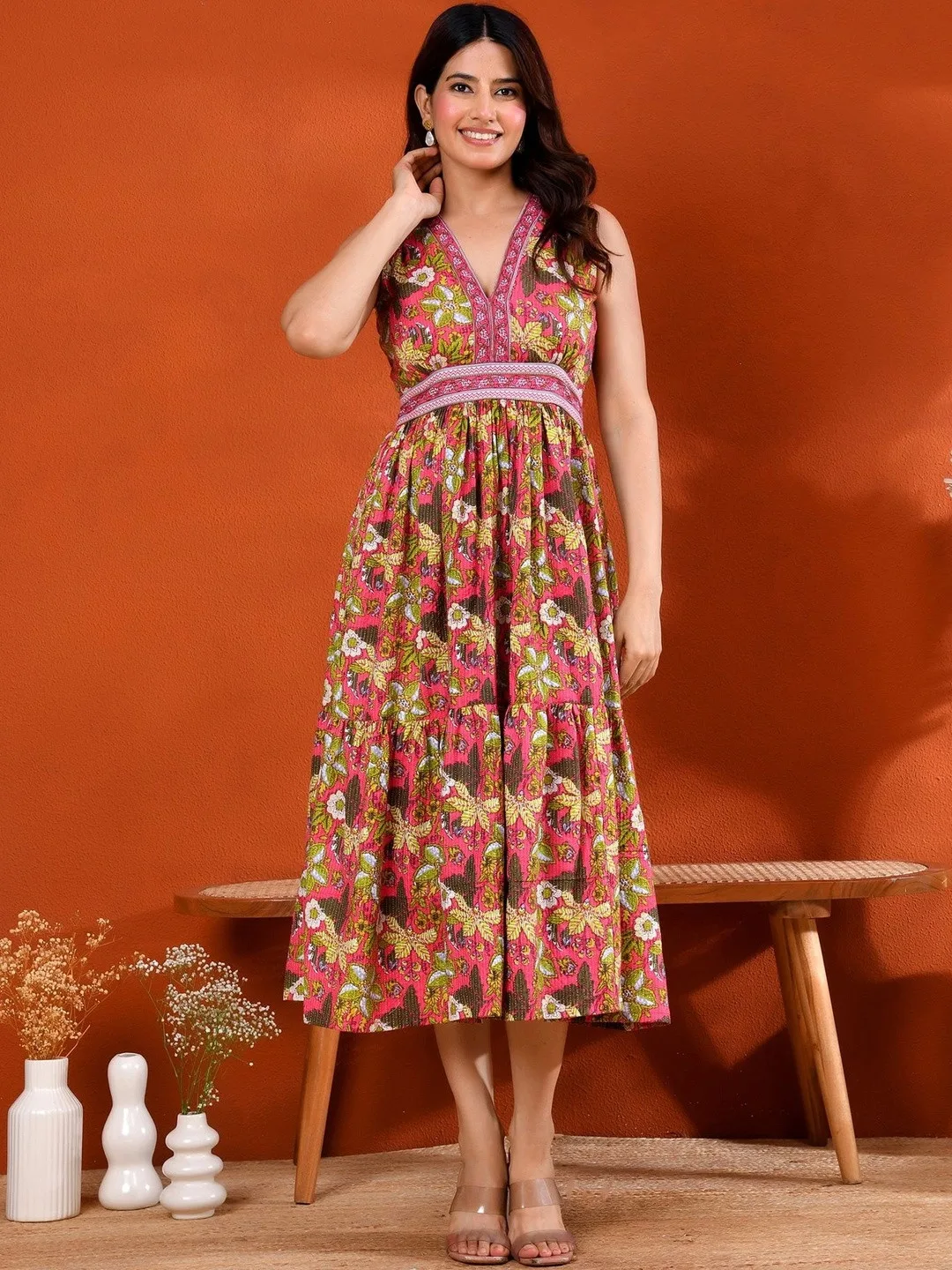 Pink Floral Print Fit & Flare Cotton Midi Dress