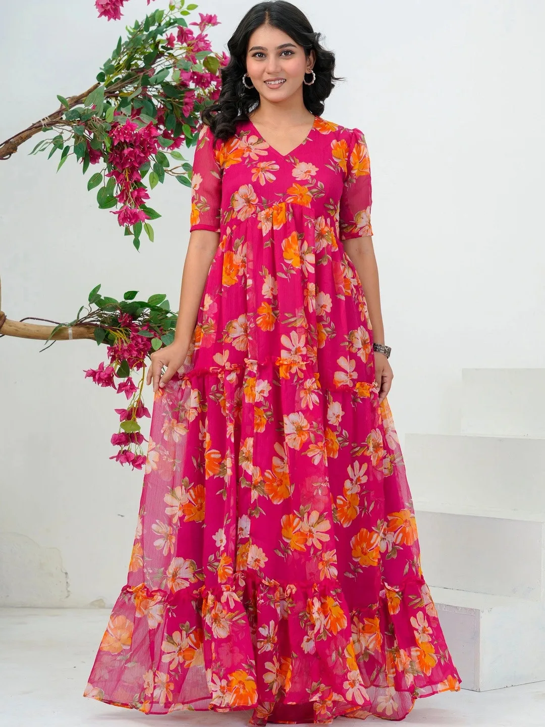 Pink Floral Print Ruffled Maxi Dress