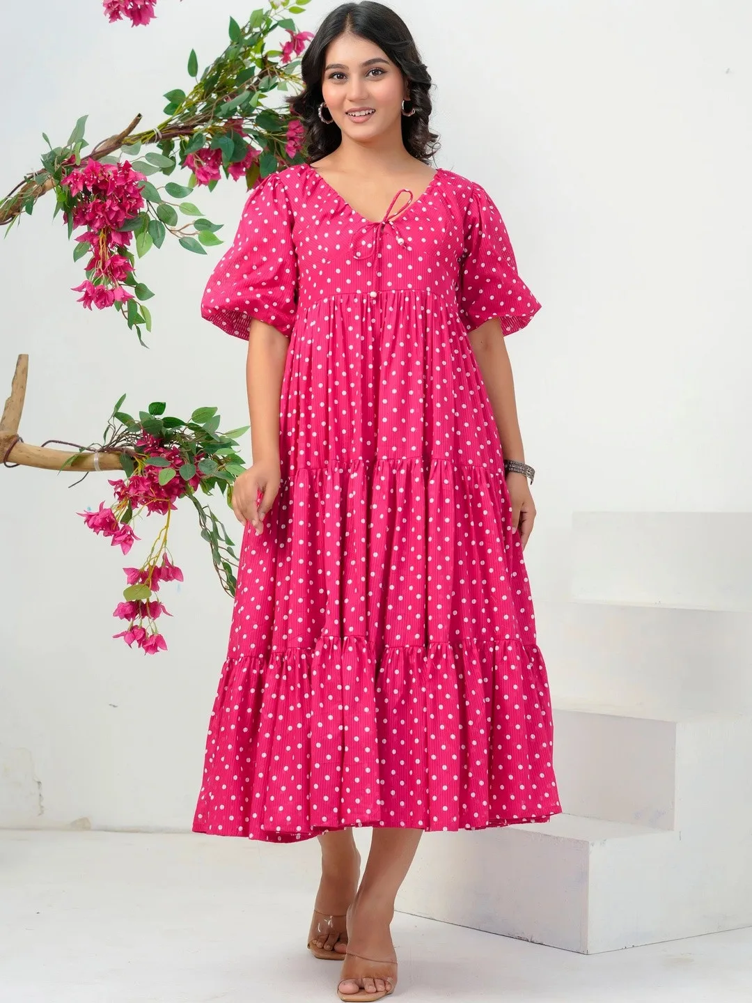 Pink Polka Dot Print Puff Sleeve A Line Midi Dress