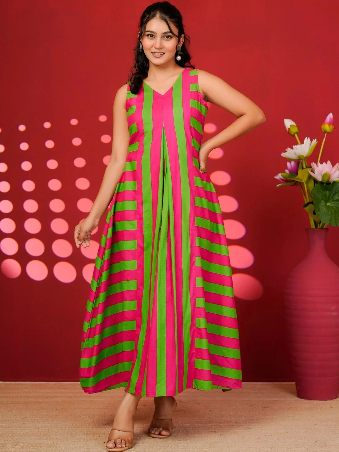 Pink Striped A Line Maxi Dress