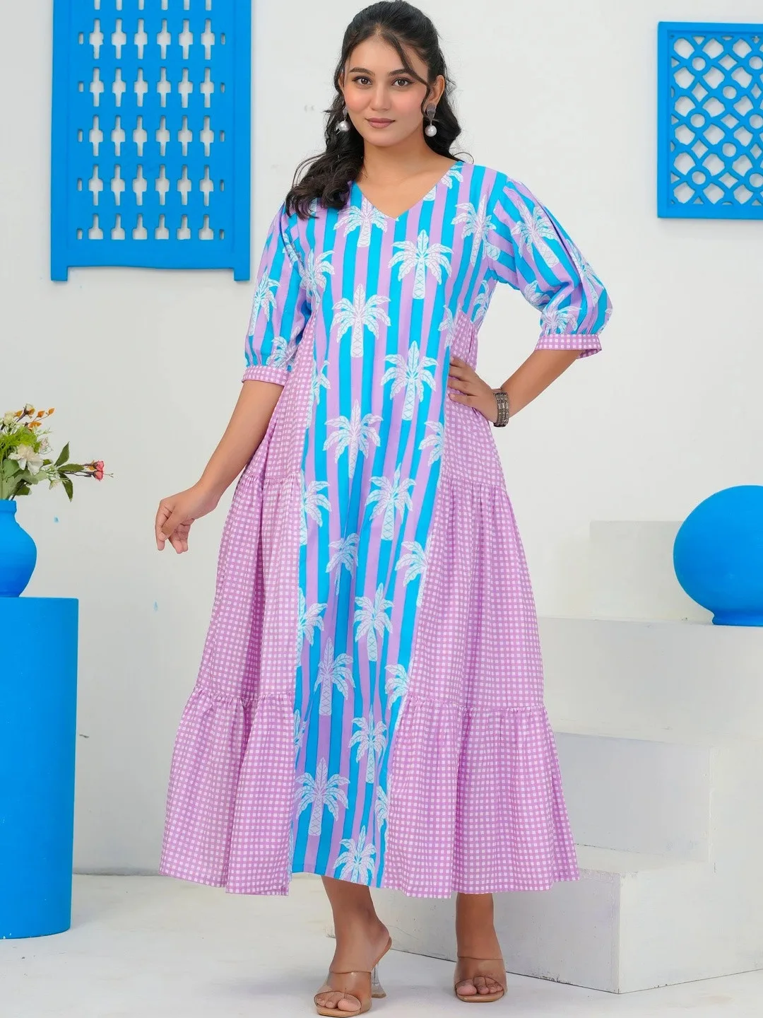 Pink Tropical Print A-Line Maxi Dress