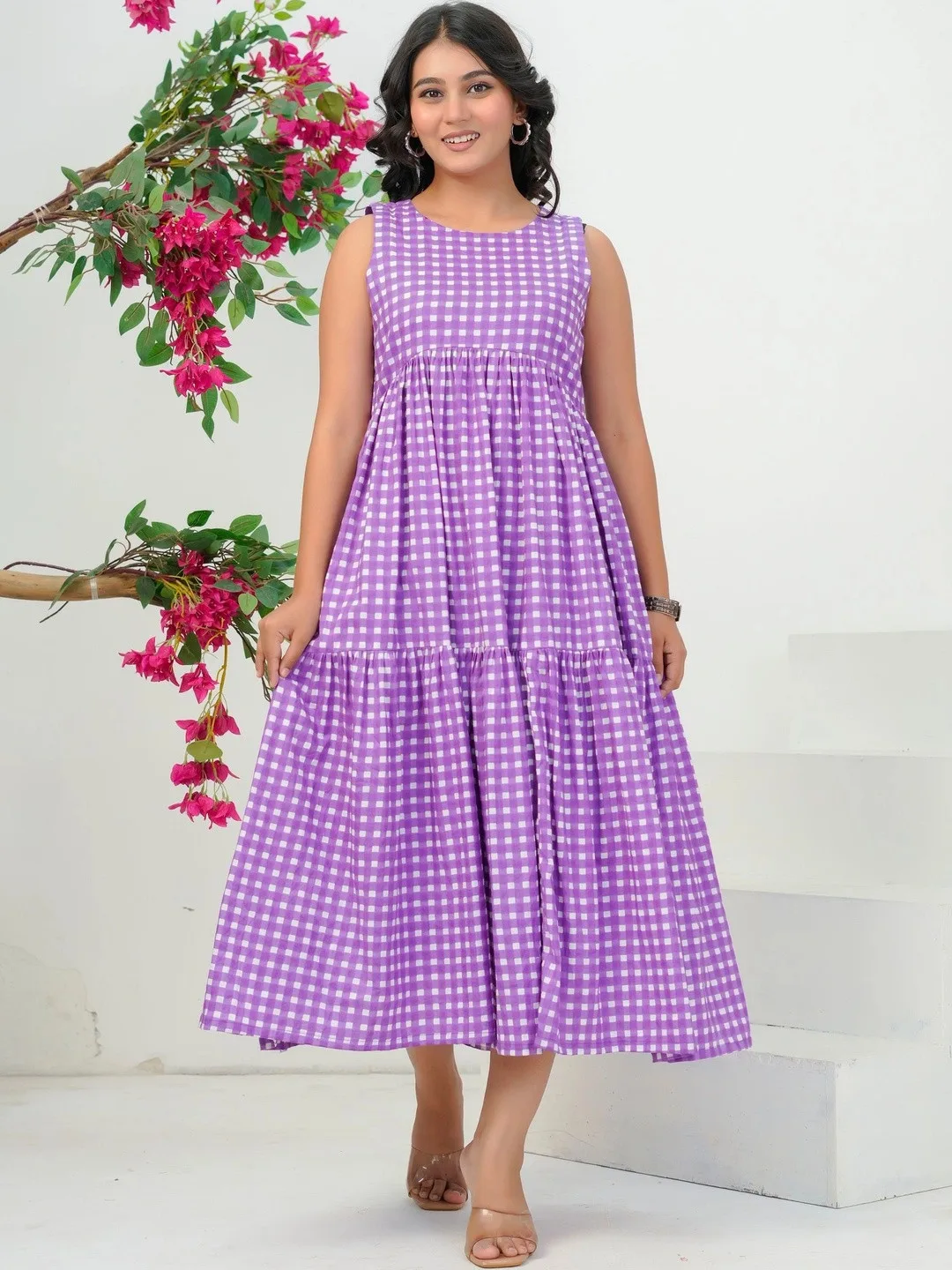 Purple Checked A-Line Midi Dress