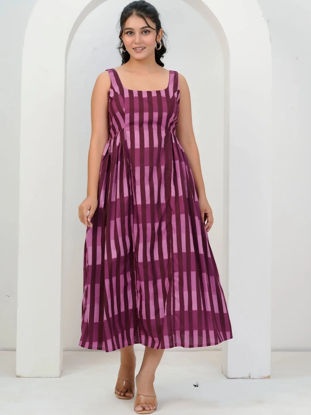 Purple Checked Square Neck A Line Midi Dress