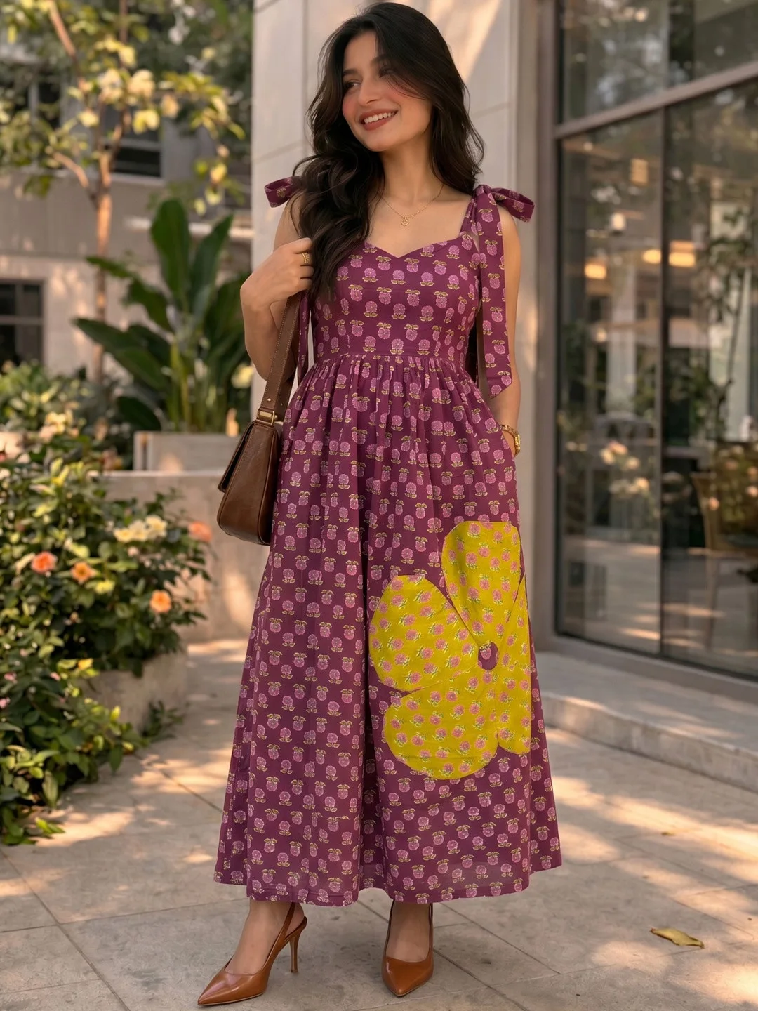 Purple Floral Print A-Line Cotton Maxi Dress