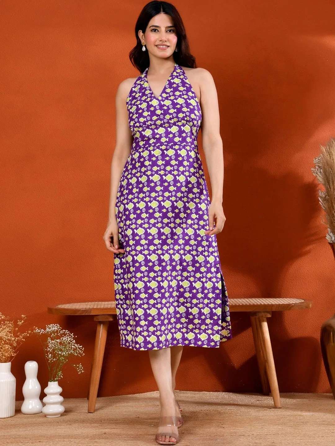 Purple Printed Halter Neck Straight Cotton Midi Dress with Side Slit