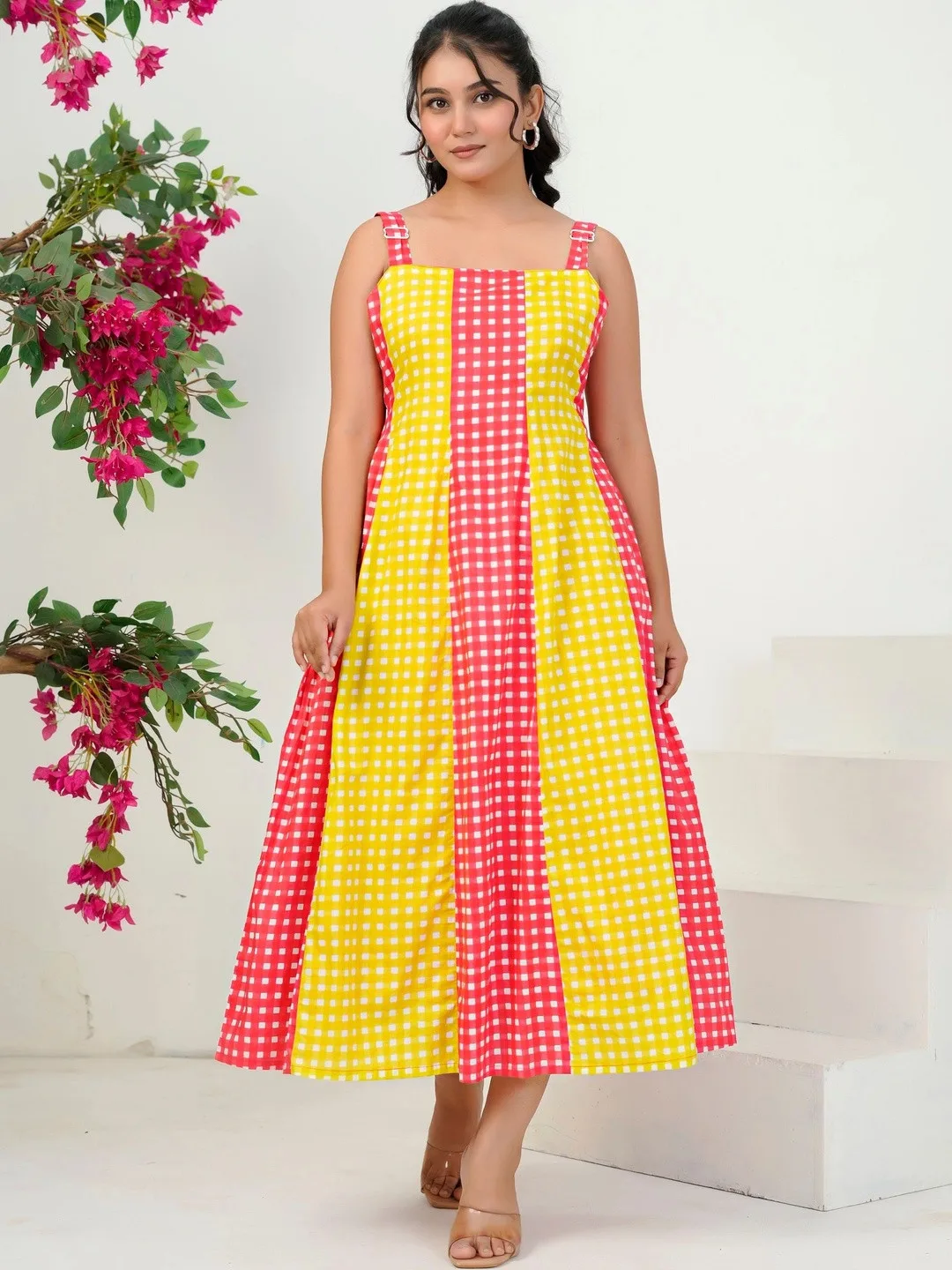 Red Checked A Line Midi Dress