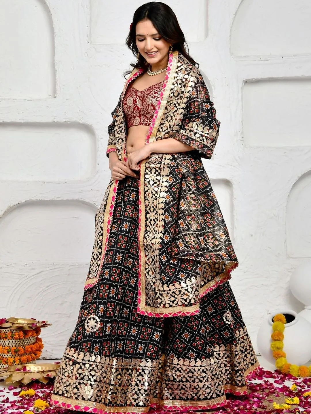 Black Printed Kota Doria Ready to Wear Lehenga with Gota Patti
