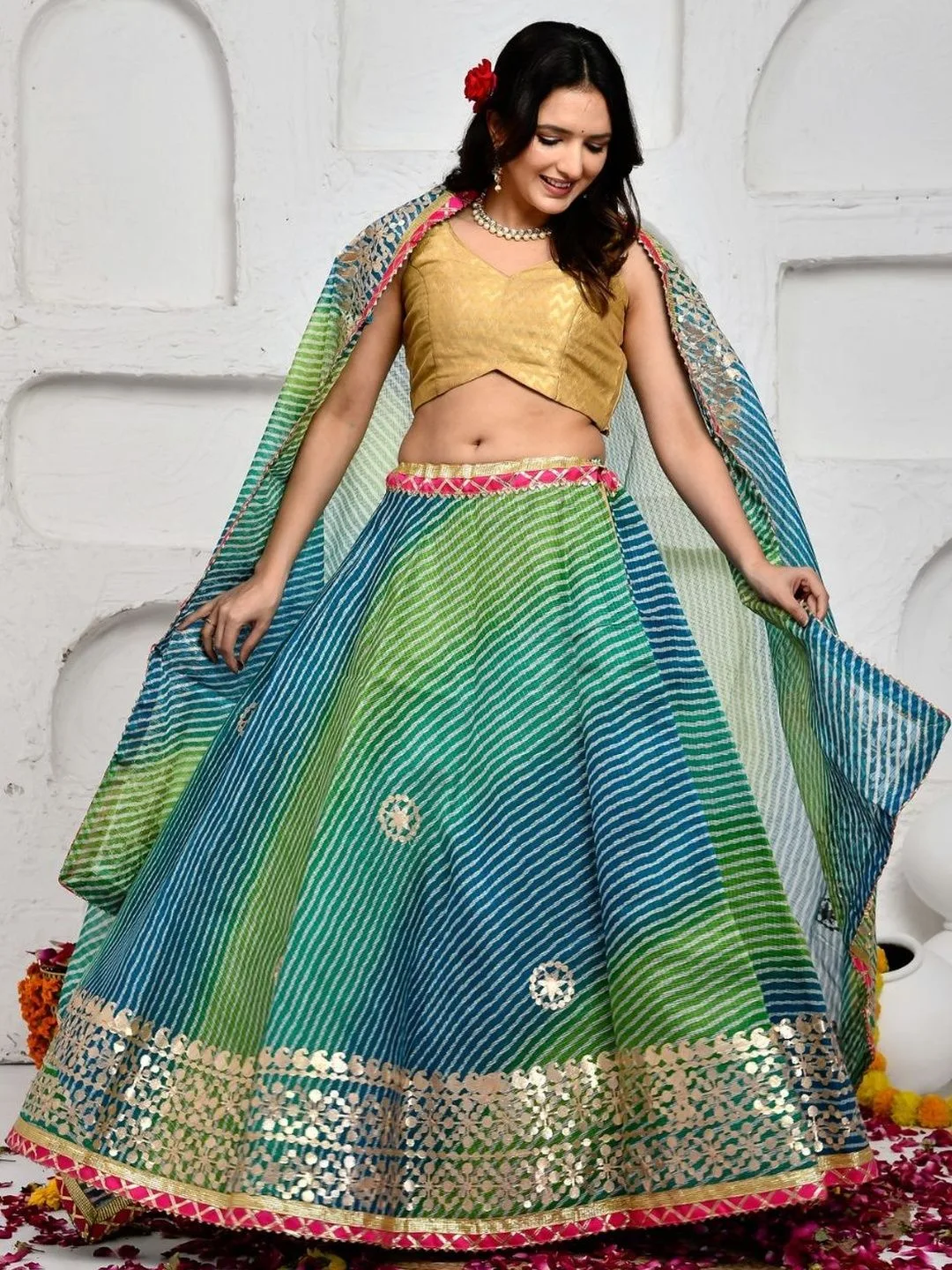Blue Printed Kota Doria Ready to Wear Lehenga with Gota Patti