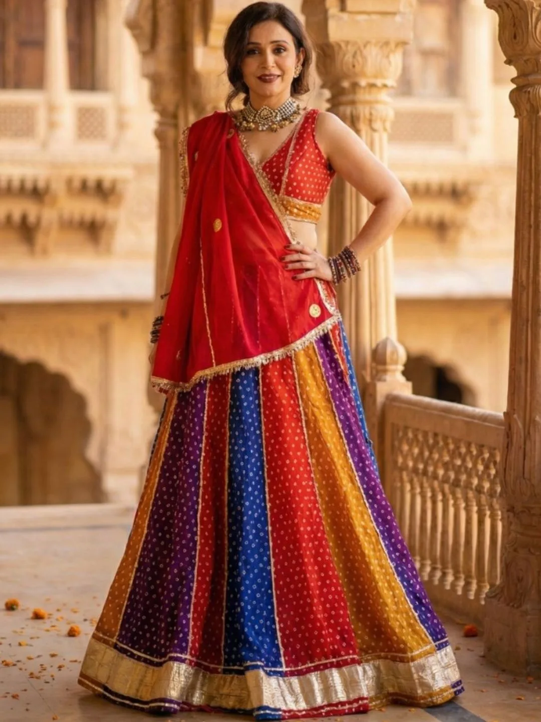 Multicolour Bandhani Embellished Ready to Wear Lehenga with Gota Patti