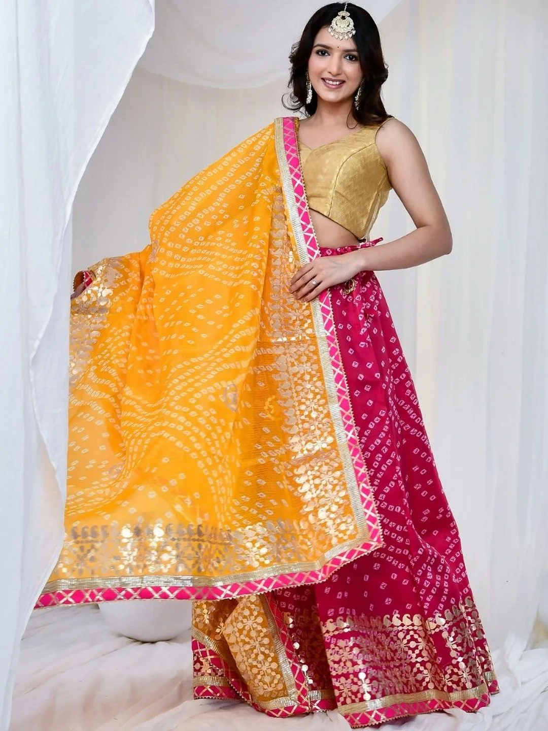 Pink Embellished Stitched Kota Doria Lehenga with Gota Patti
