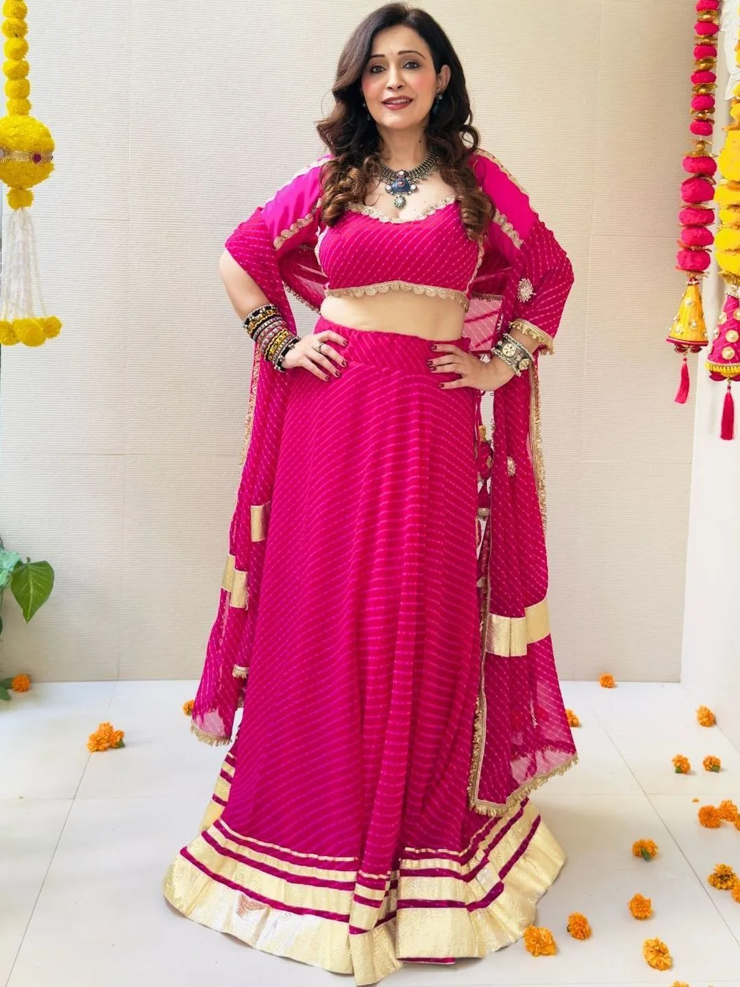 Pink Leheriya Embellished Ready to Wear Lehenga with Gota Patti