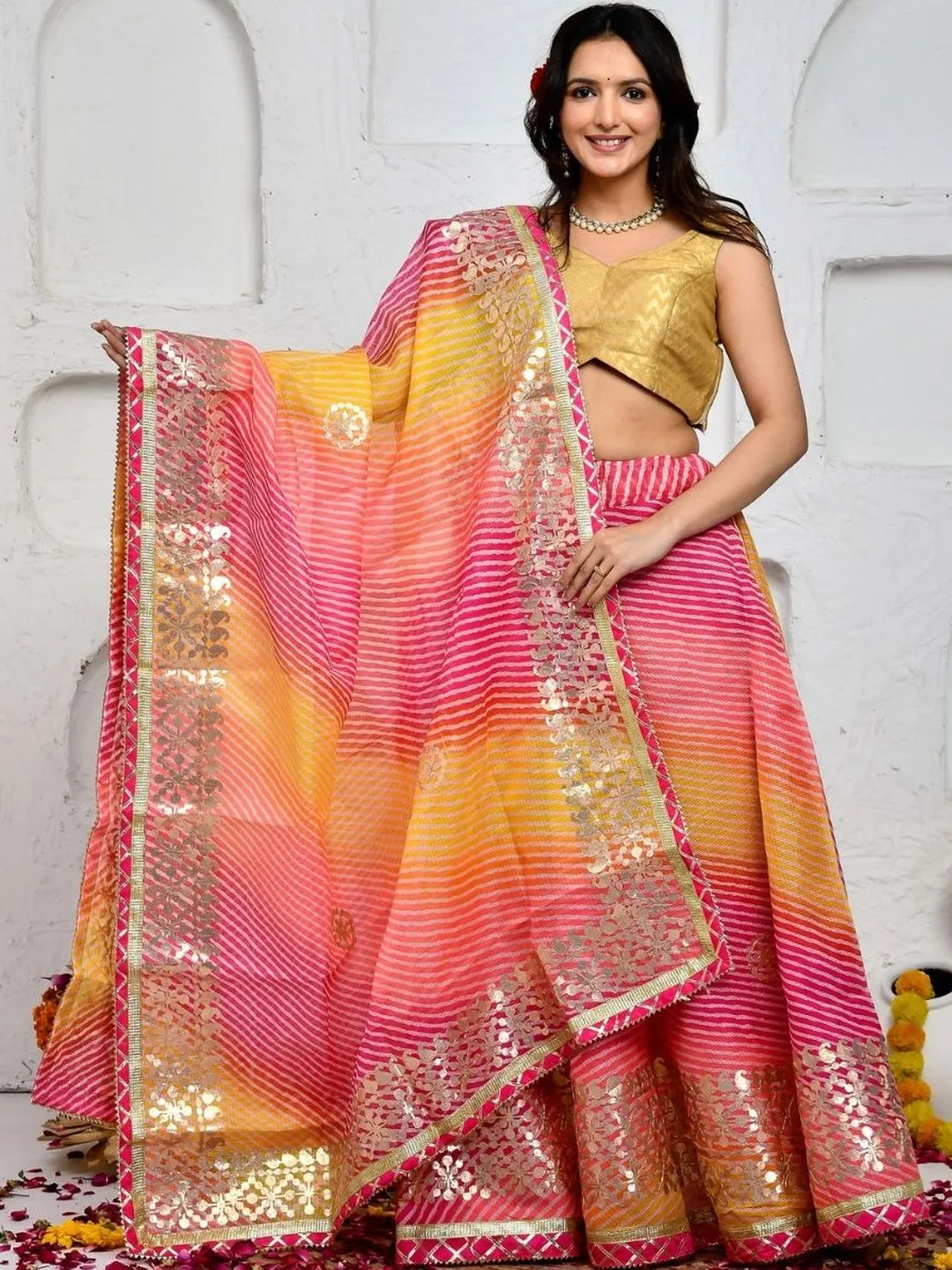 Pink Printed Kota Doria Ready to Wear Lehenga with Gota Patti