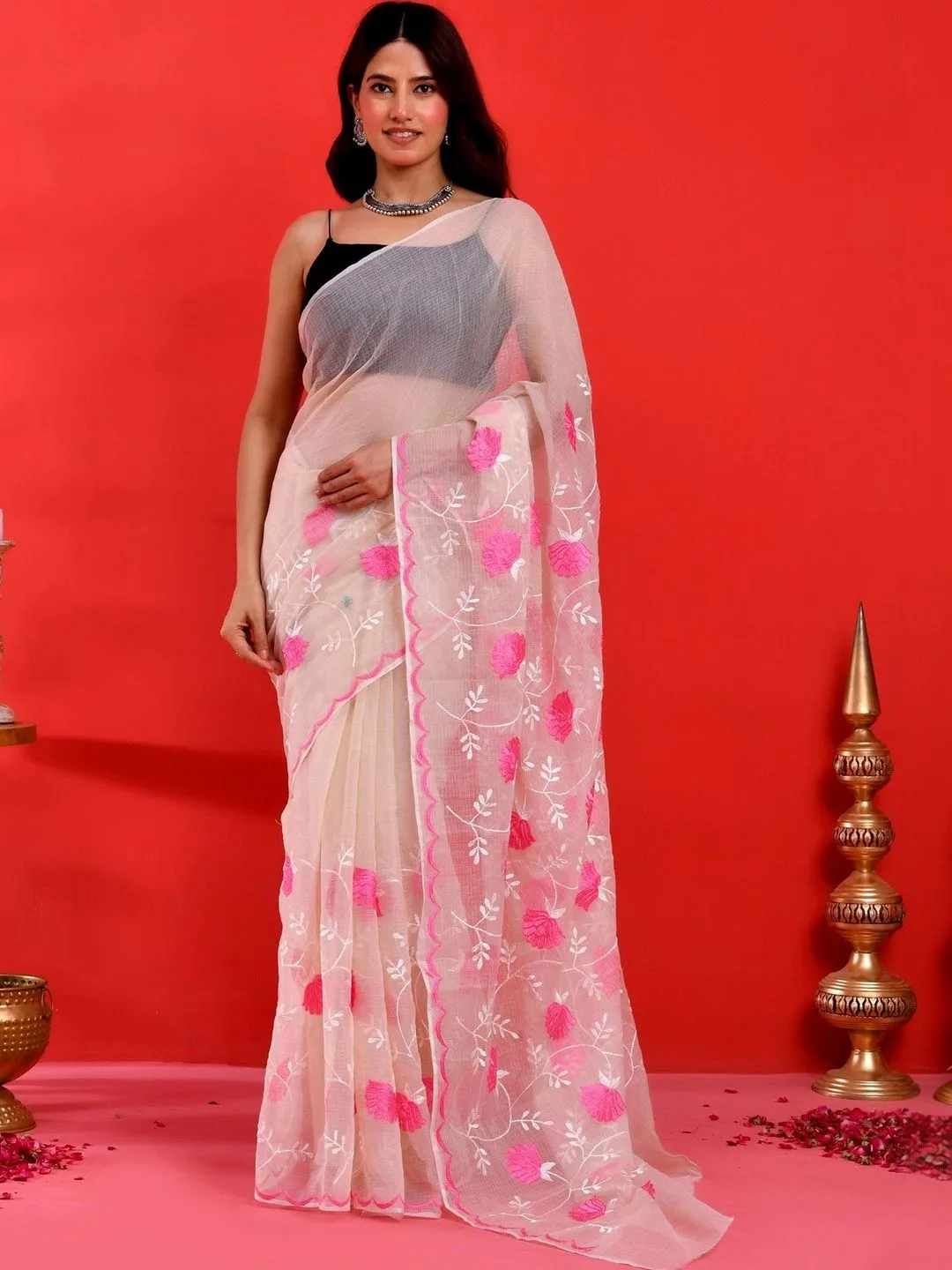 Beige Kota Doria Floral Embroidered Saree