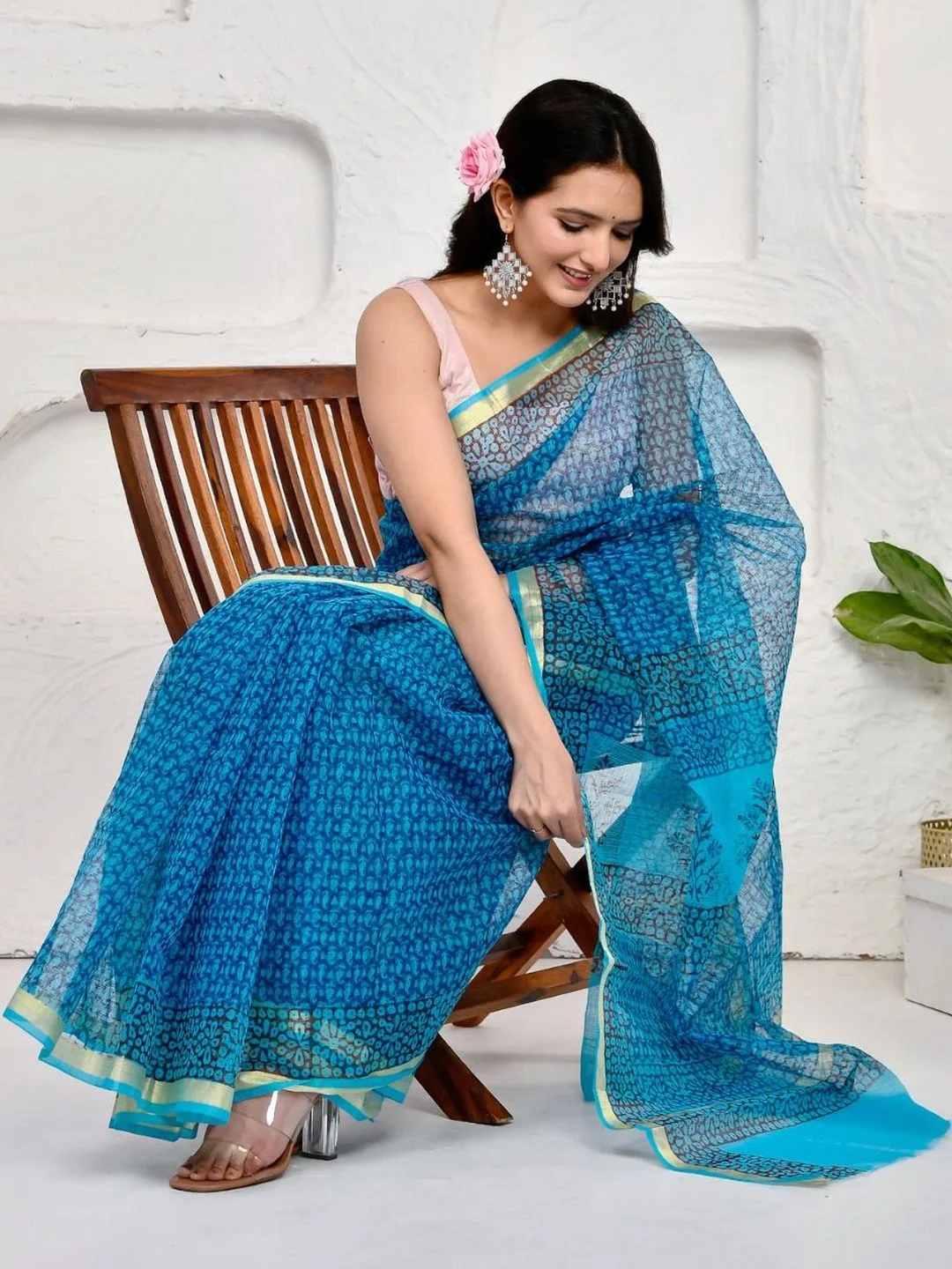 Blue Kota Doria Ethnic Motifs Handloom Cotton Saree — front