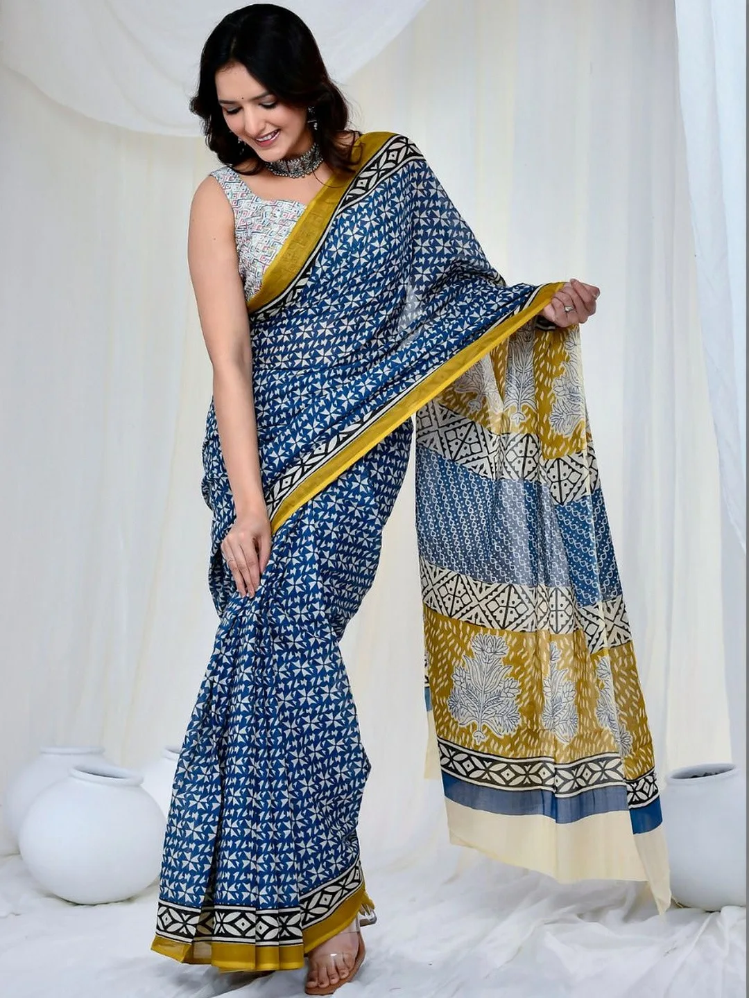 Blue Ethnic Motifs Pure Cotton Saree