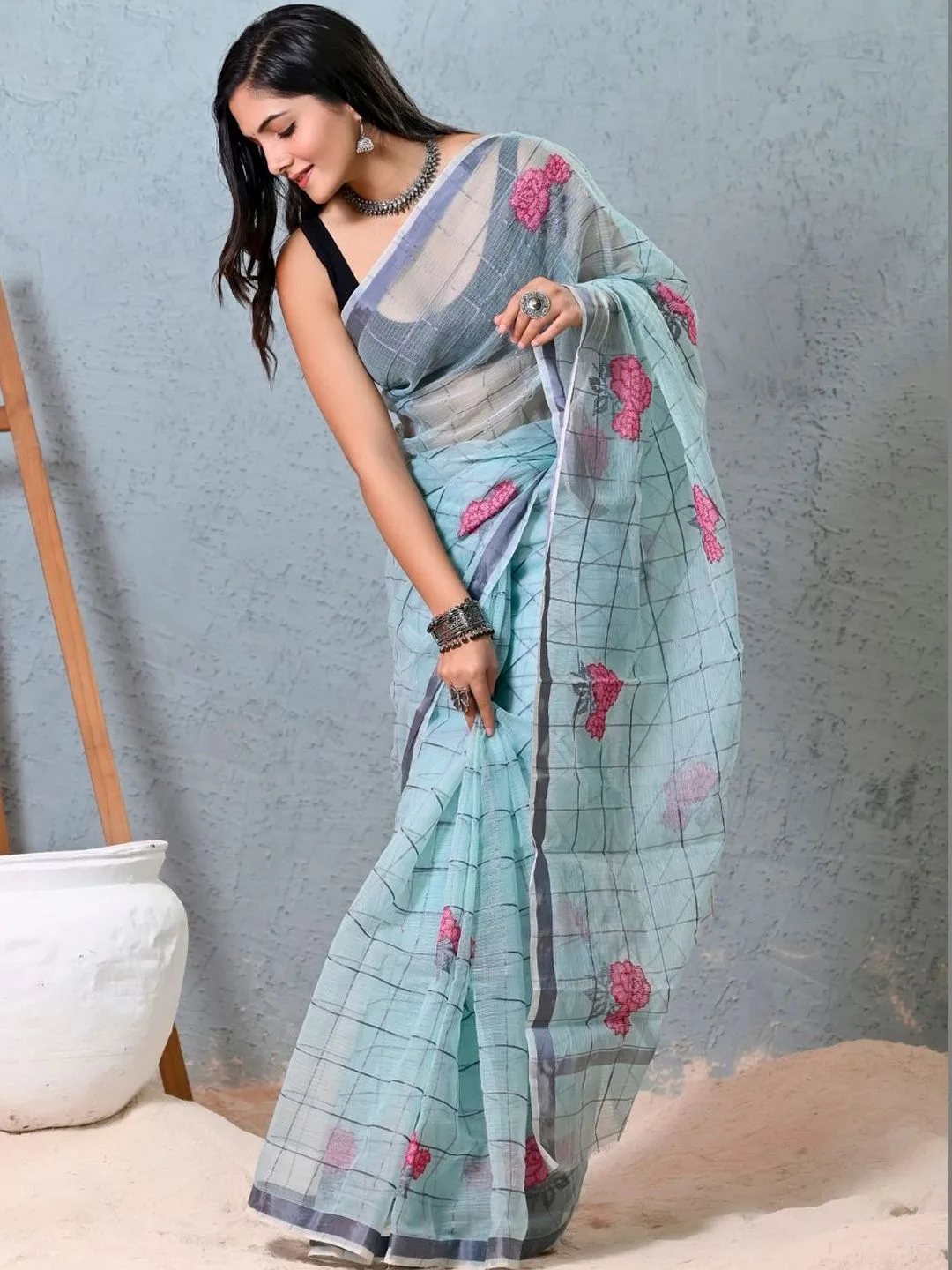 Blue Kota Doria Floral Embroidered Check Saree
