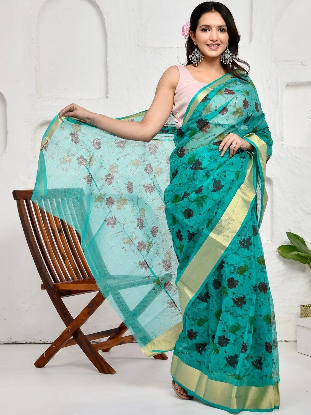 Blue Kota Doria Floral Pure Cotton Saree