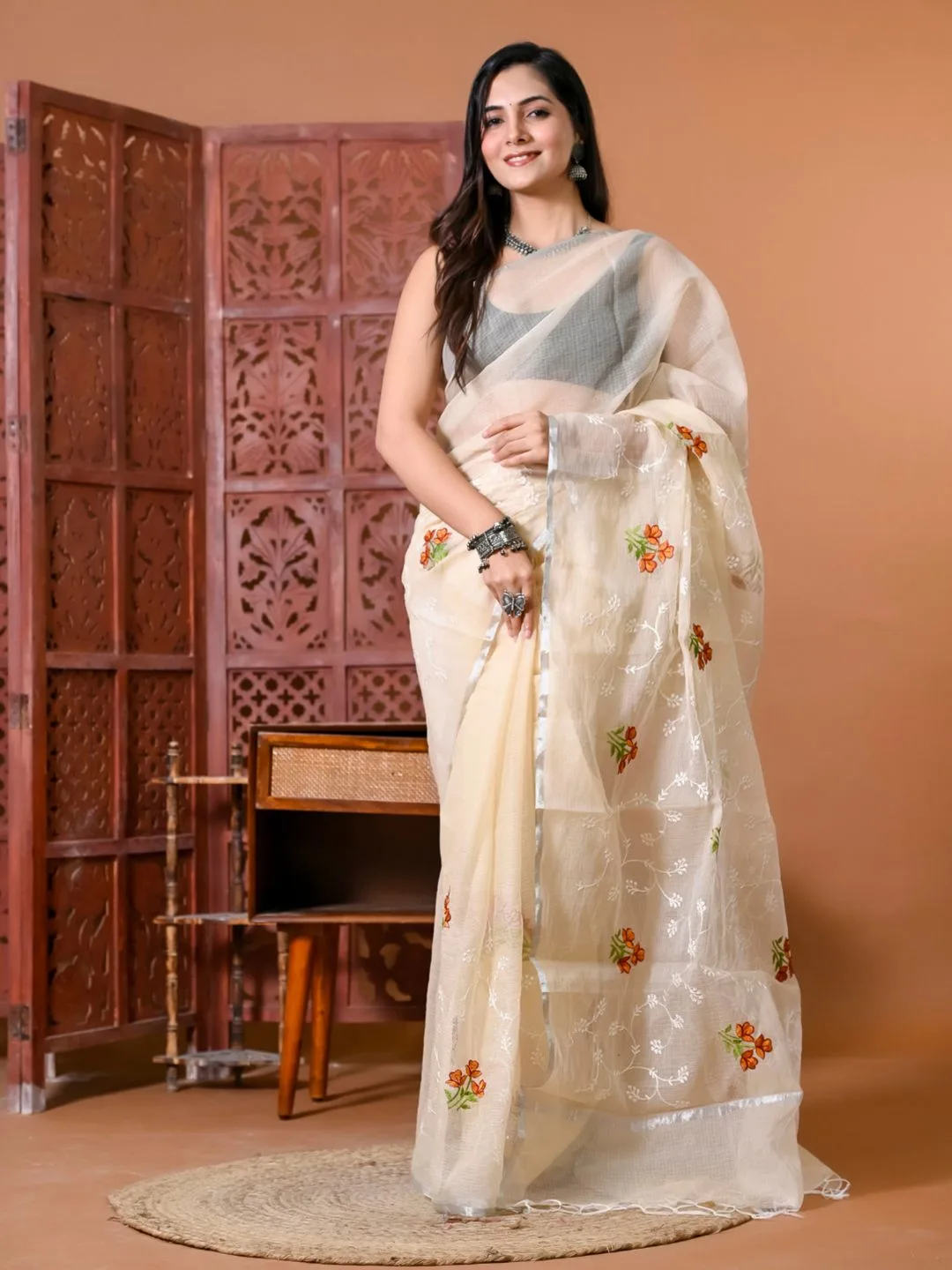 Cream Silk Cotton Floral Embroidered Saree — front