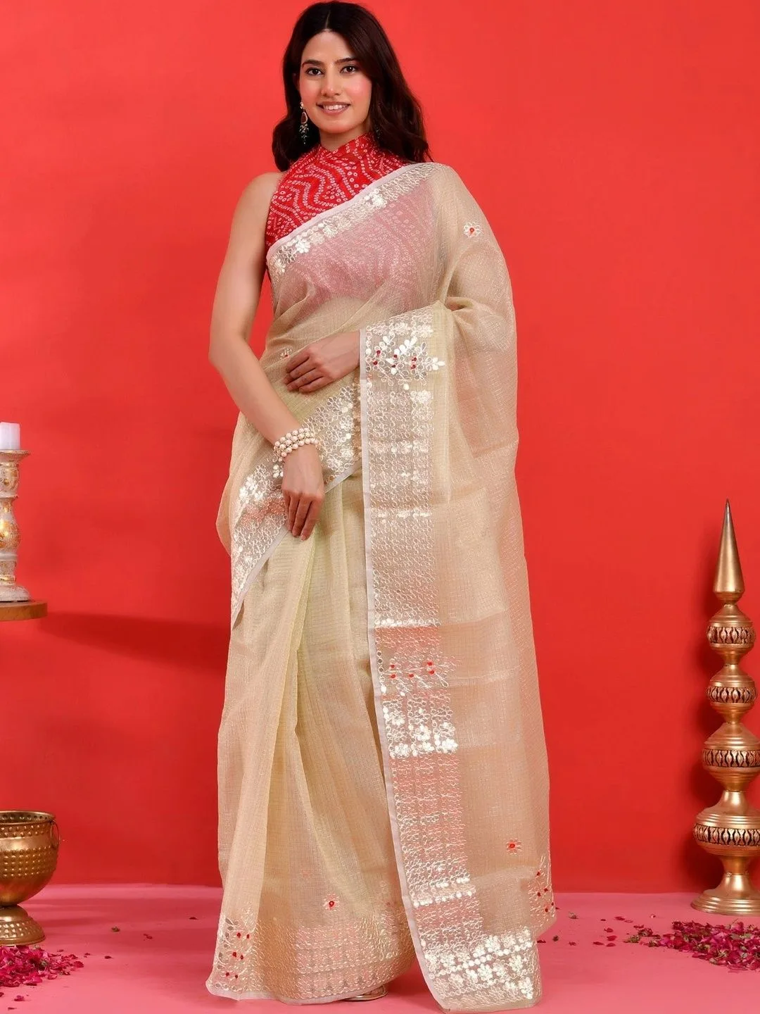 Cream Kota Doria Gota Patti Cotton Blend Saree with Embellished Border