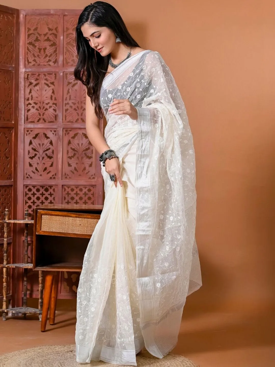 Cream Pure Linen Floral Embroidered Saree with Zari Border — front
