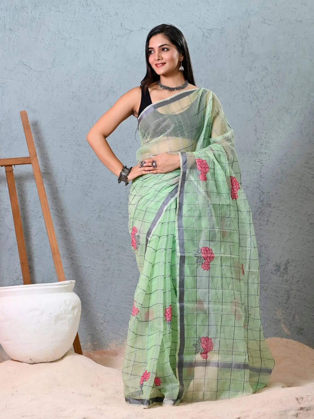 Green Kota Doria Checked Embroidered Saree