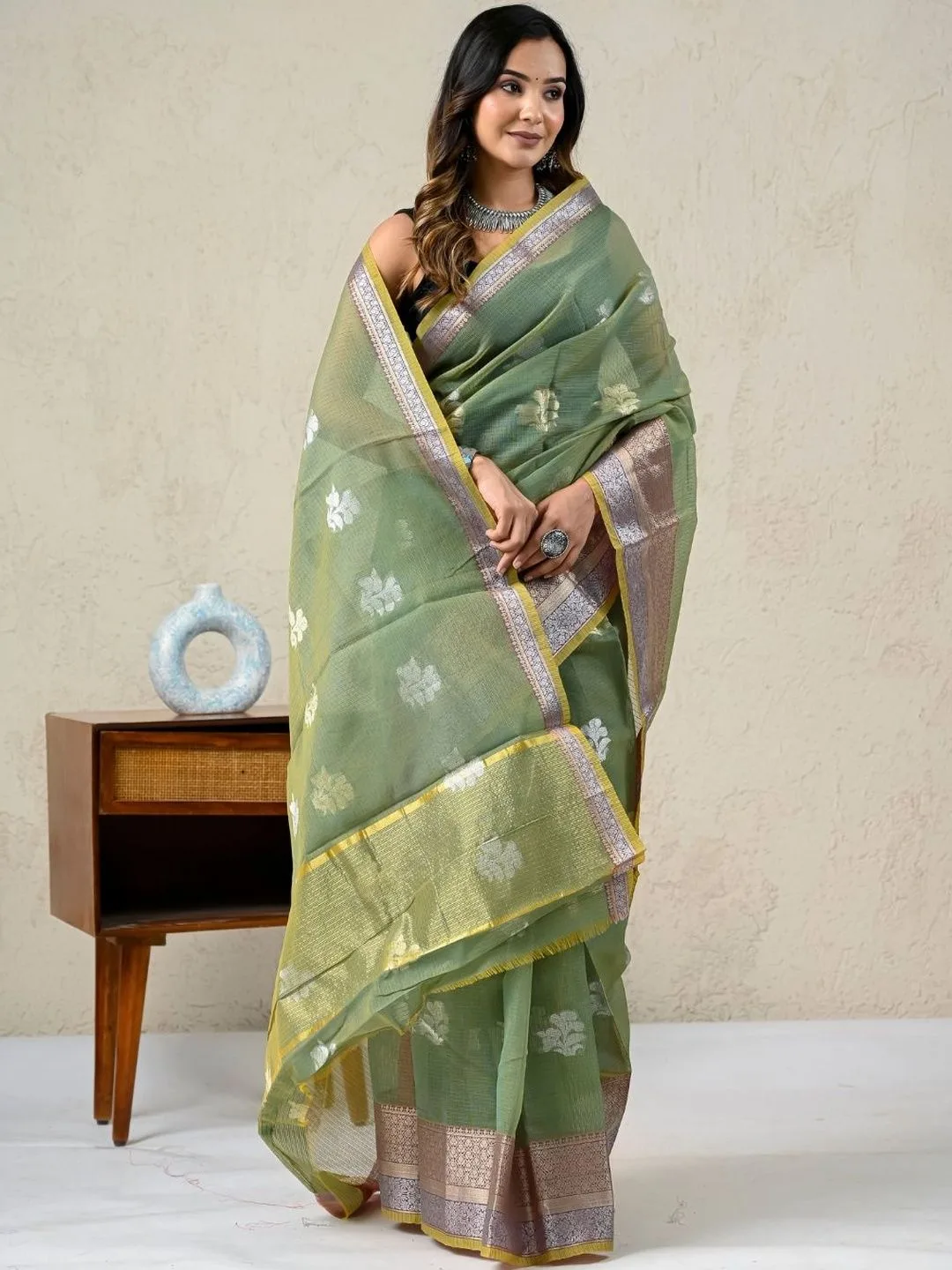 Green Kota Doria Ethnic Motifs Zari Saree — front