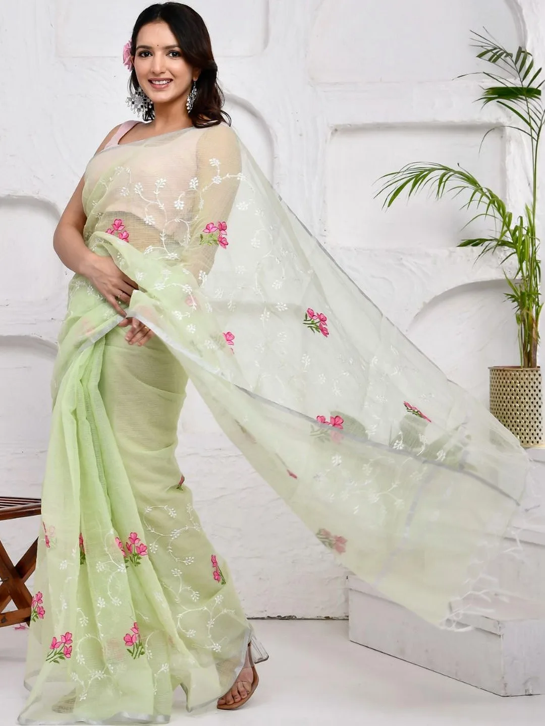 Green Floral Embroidered Linen Saree