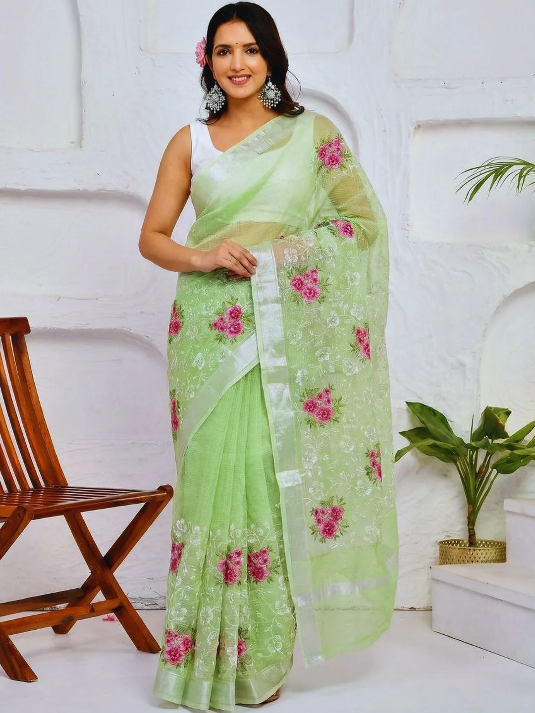Green Kota Doria Floral Saree — front