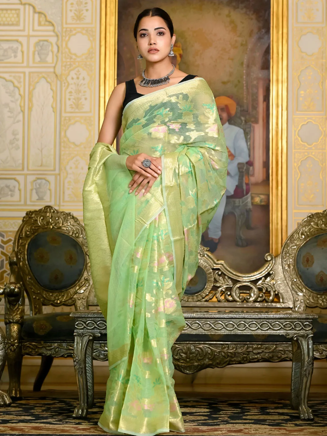Green Floral Zari Saree