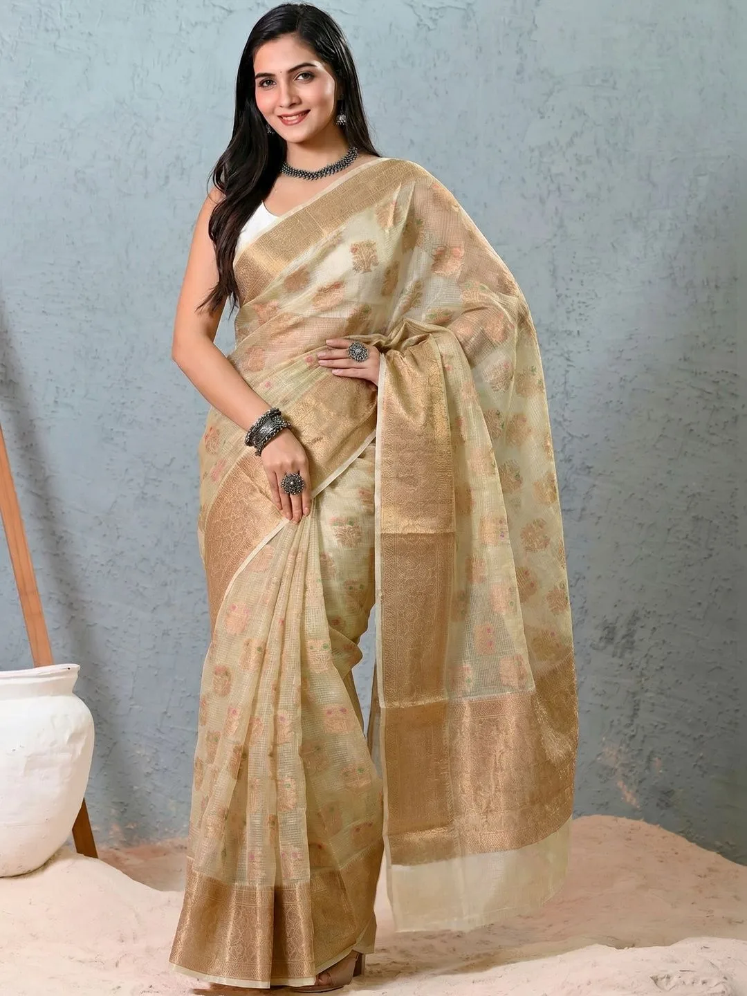 Green Kota Doria Woven Design Zari Saree — front