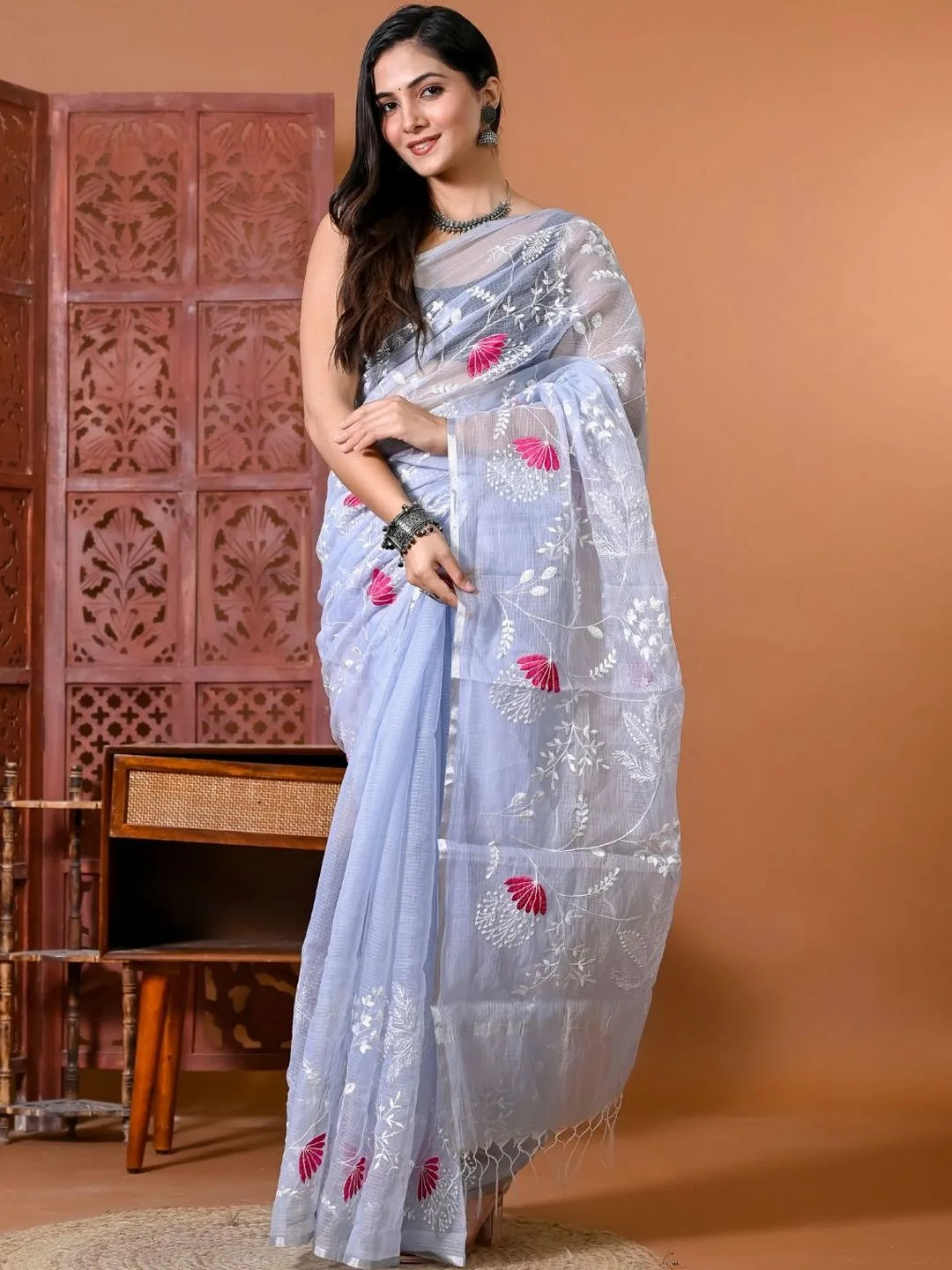 Grey Kota Doria Floral Embroidered Cotton Blend Saree with Zari Border — front