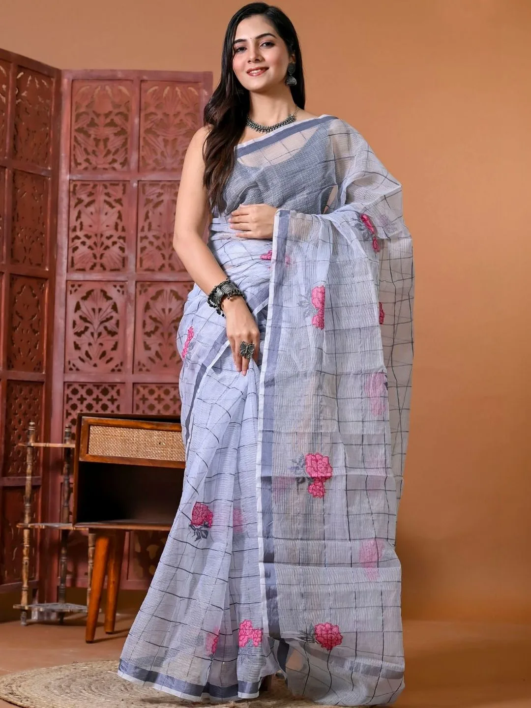 Grey Kota Doria Floral Embroidered Saree