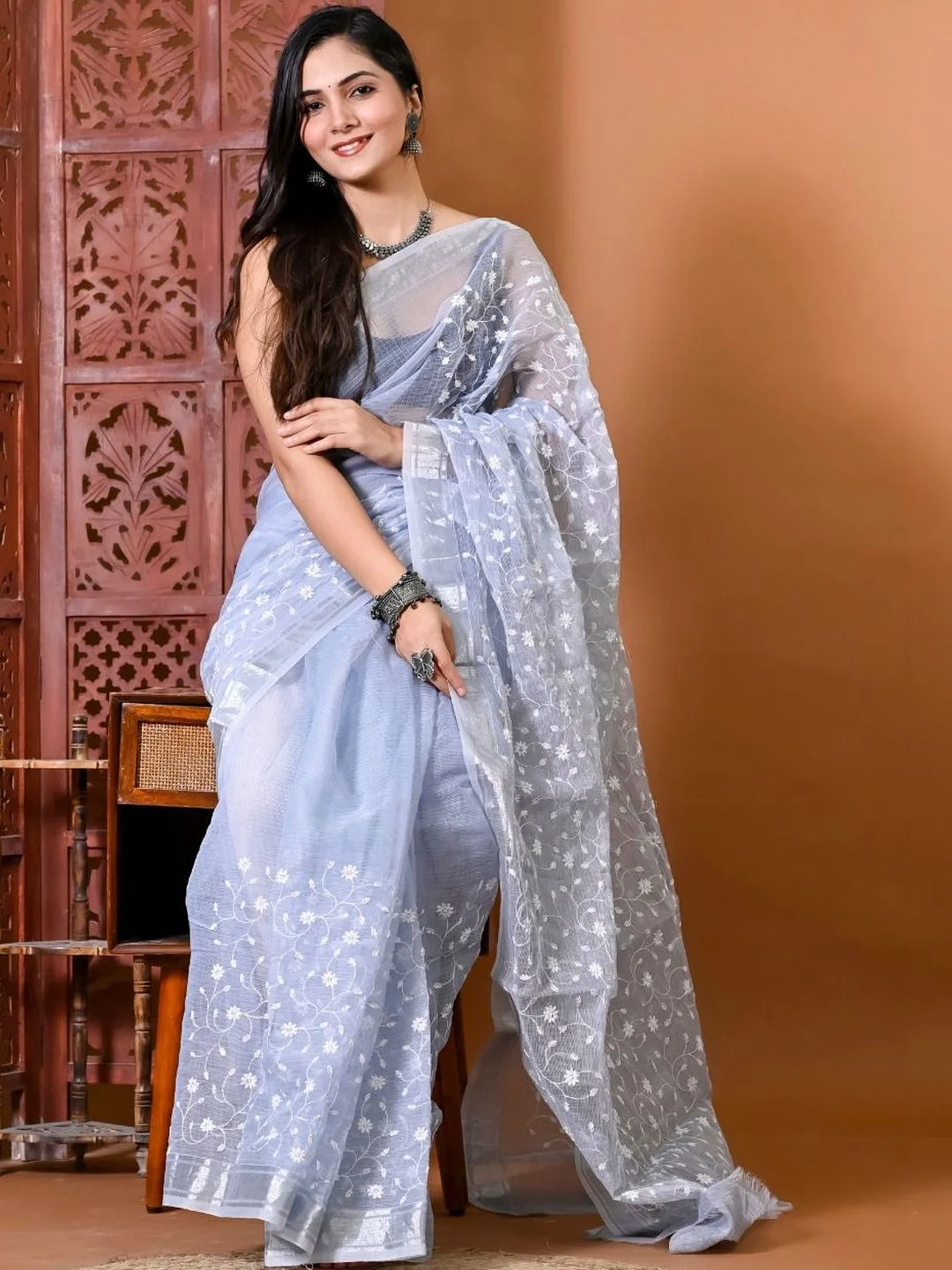 Grey Silk Cotton Handloom Woven Design Embroidered Saree — front