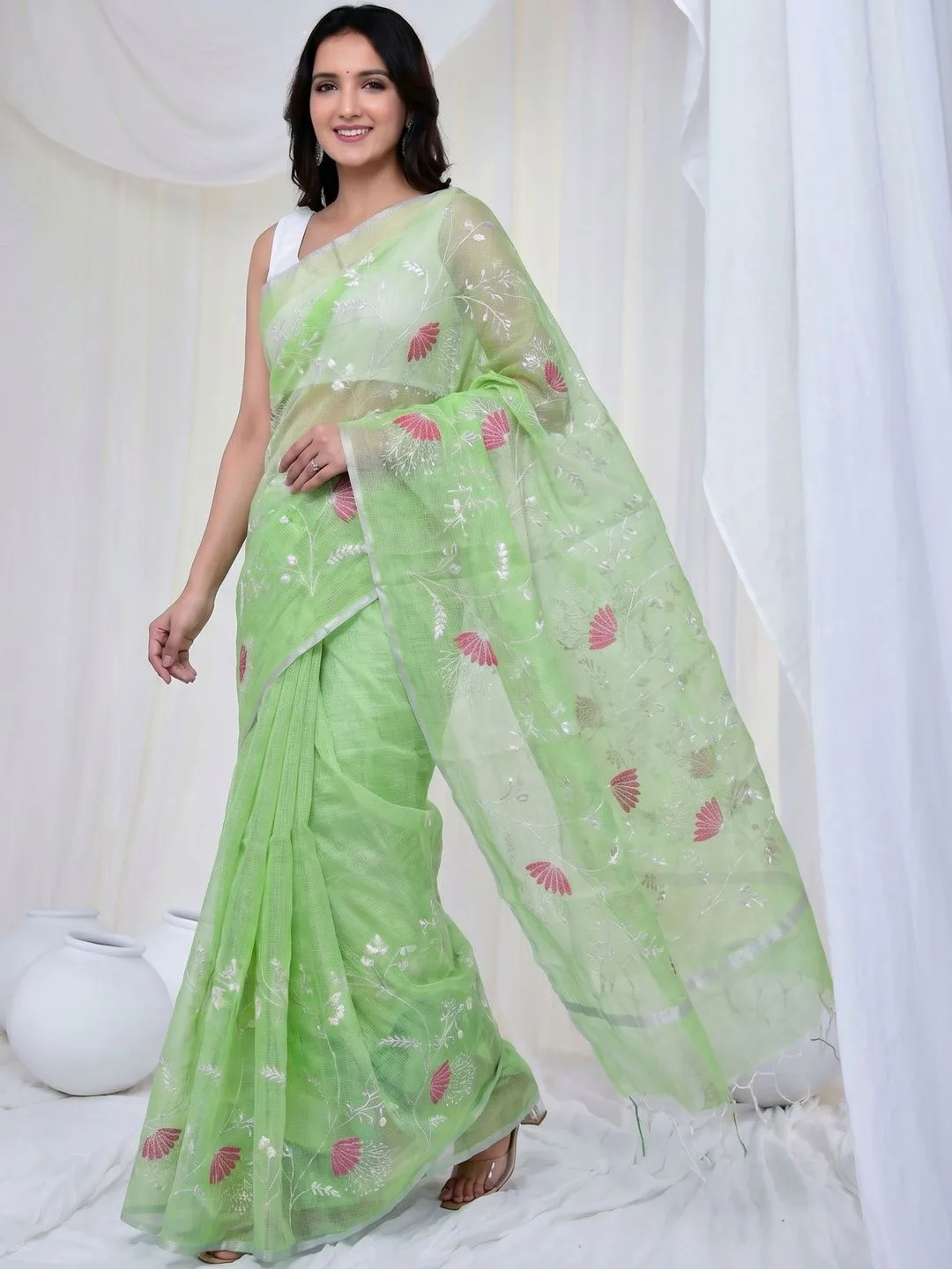Lime Green Kota Doria Floral Embroidered Polycotton Saree with Woven Border — front