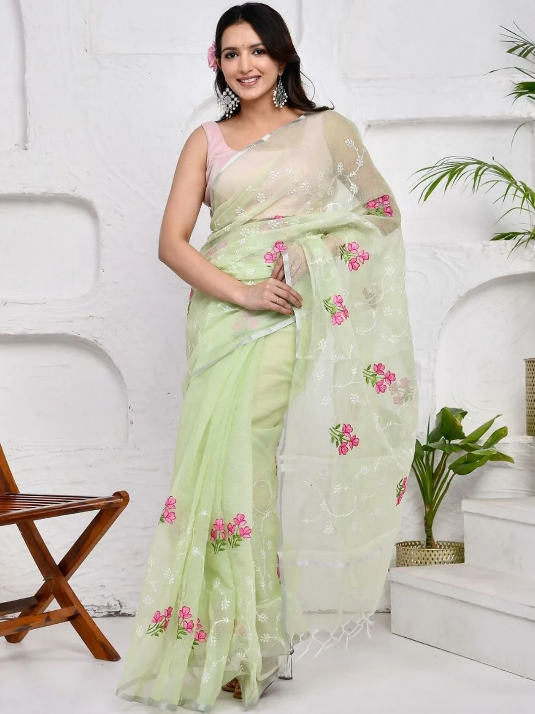 Lime Green Kota Doria Floral Embroidered Saree