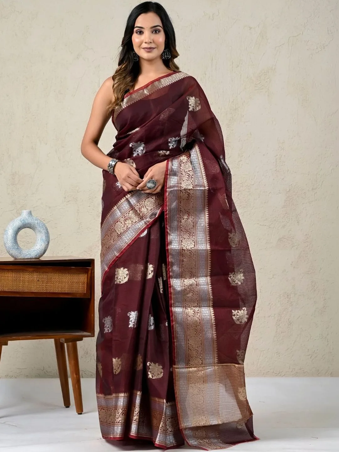 Maroon Kota Doria Zari Design Saree — front