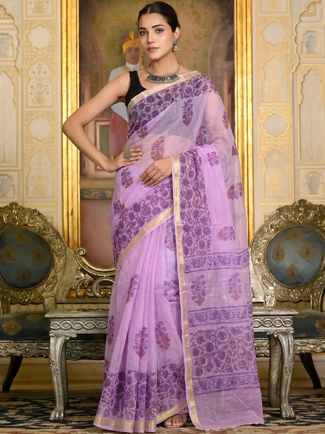 Mauve Kota Doria Ethnic Motifs Printed Saree with Zari Border — front