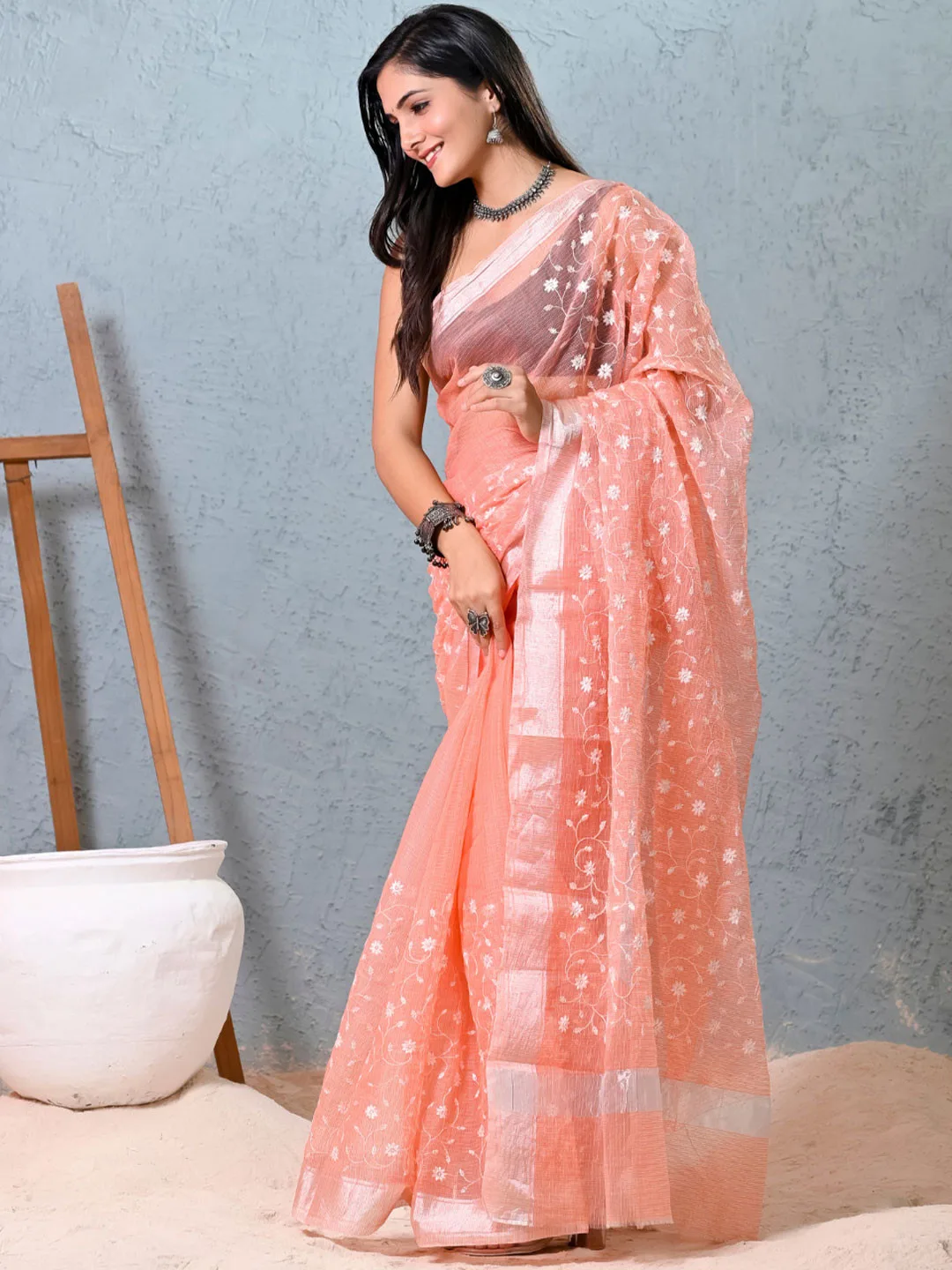 Orange Floral Embroidered Saree