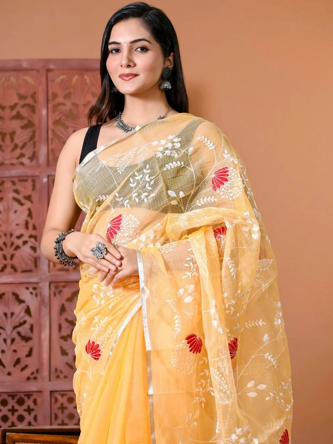 Orange Silk Cotton Handloom Floral Embroidered Saree — front