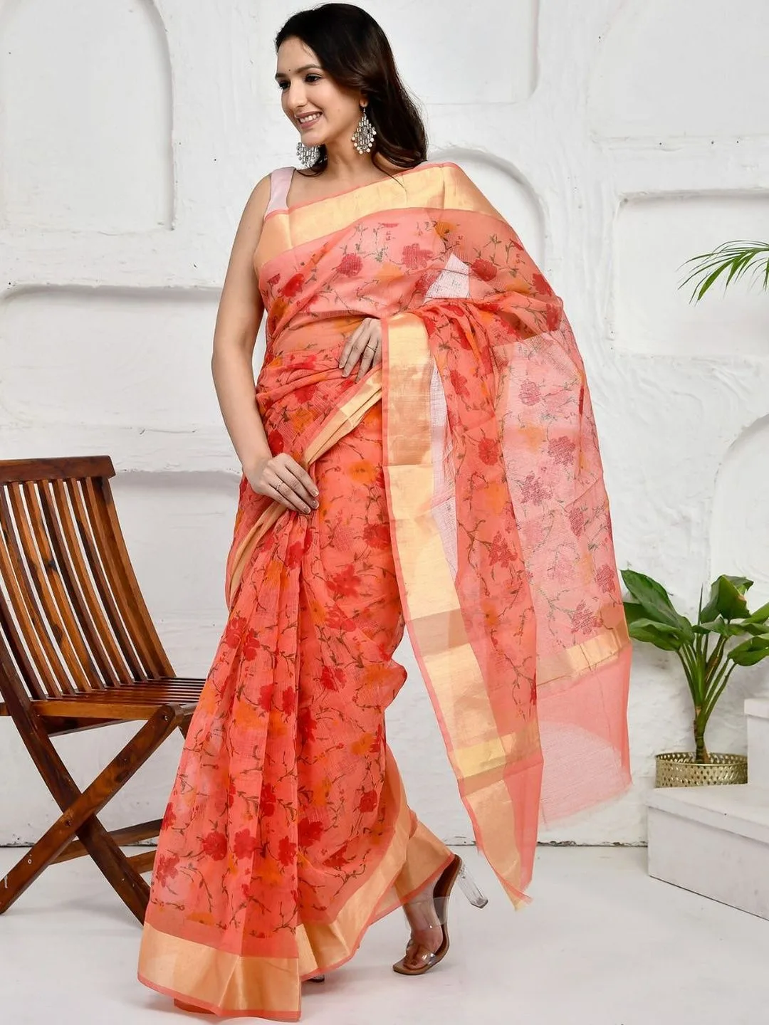 Orange Kota Doria Floral Cotton Saree
