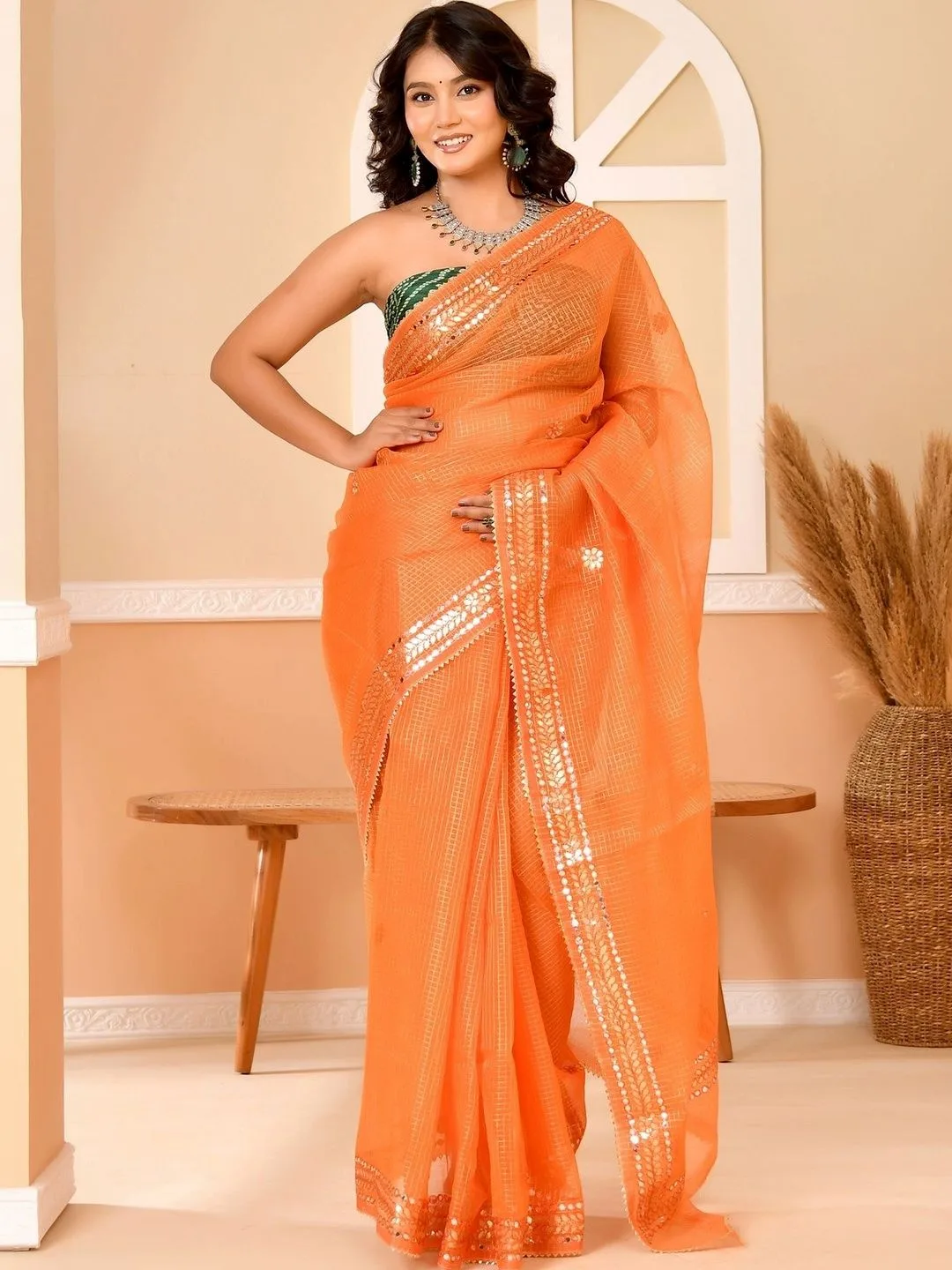 Orange Kota Doria Gota Patti Saree with Zari Border