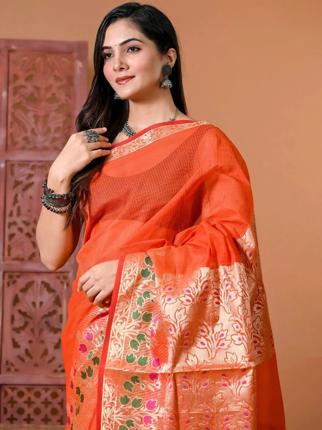 Orange Silk Blend Banarasi Zari Saree