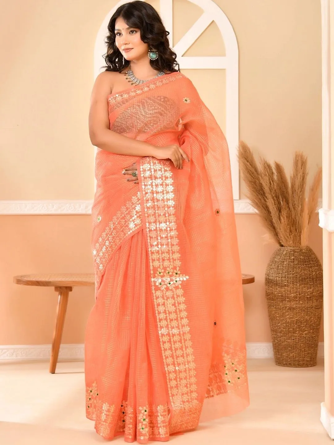 Peach Kota Doria Striped Embroidered Cotton Blend Saree — front