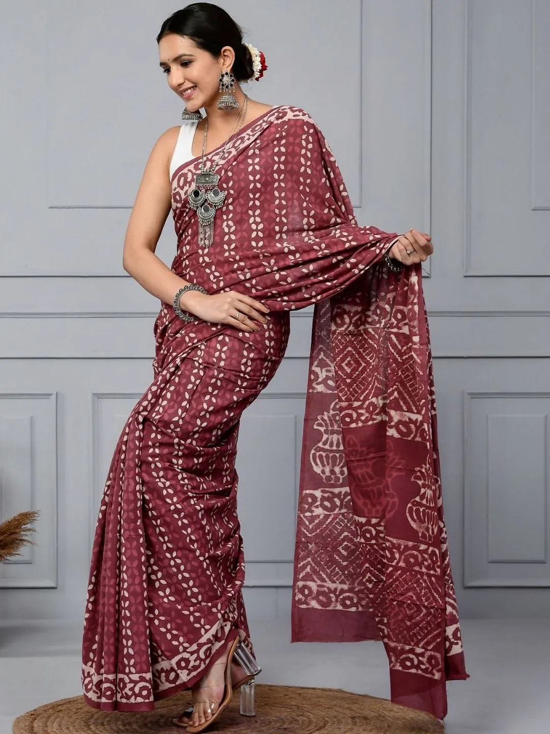 Pink Pure Cotton Dabu Saree