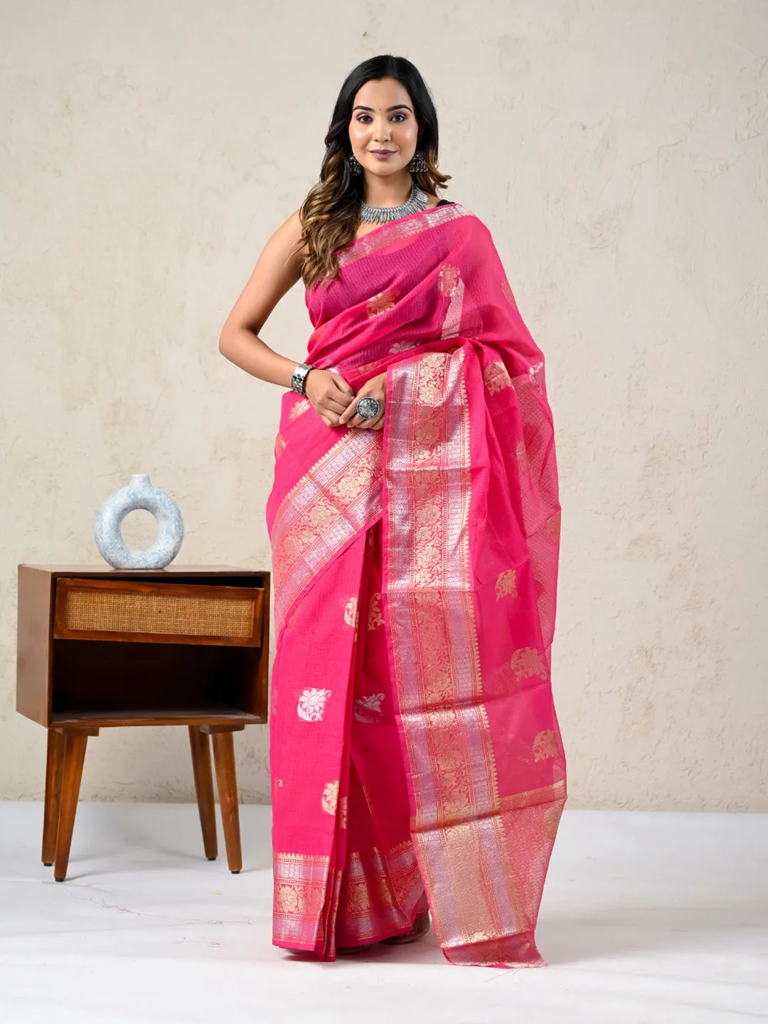 Pink Ethnic Motifs Silk Cotton Saree