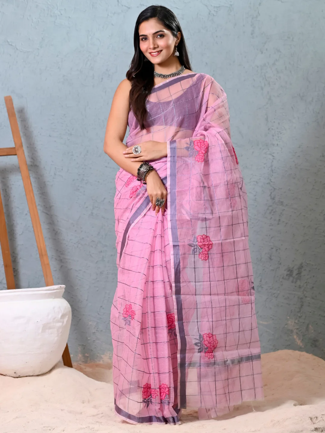 Pink Floral Checked Saree