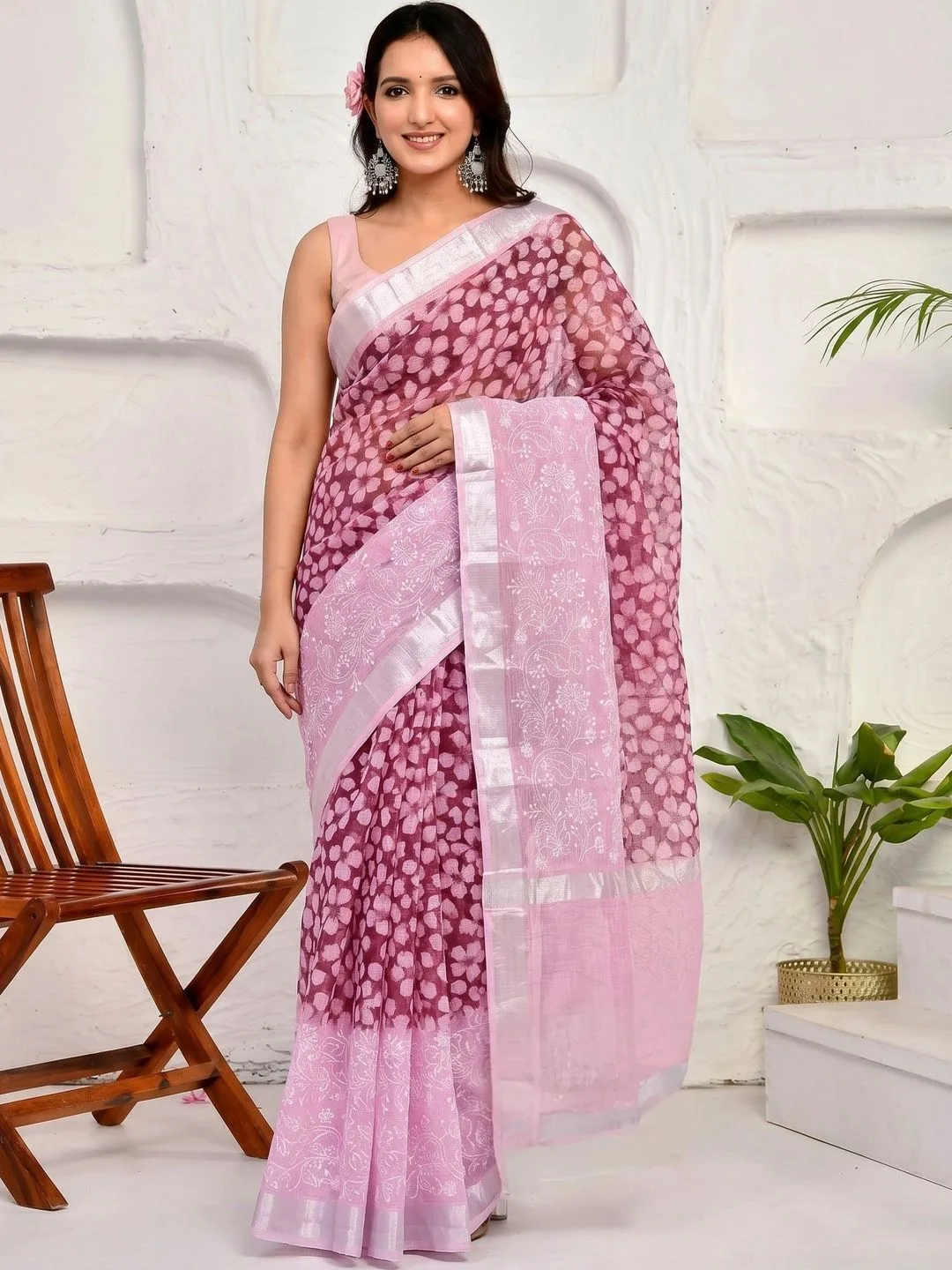 Pink Kota Doria Floral Embroidered Saree with Zari Border