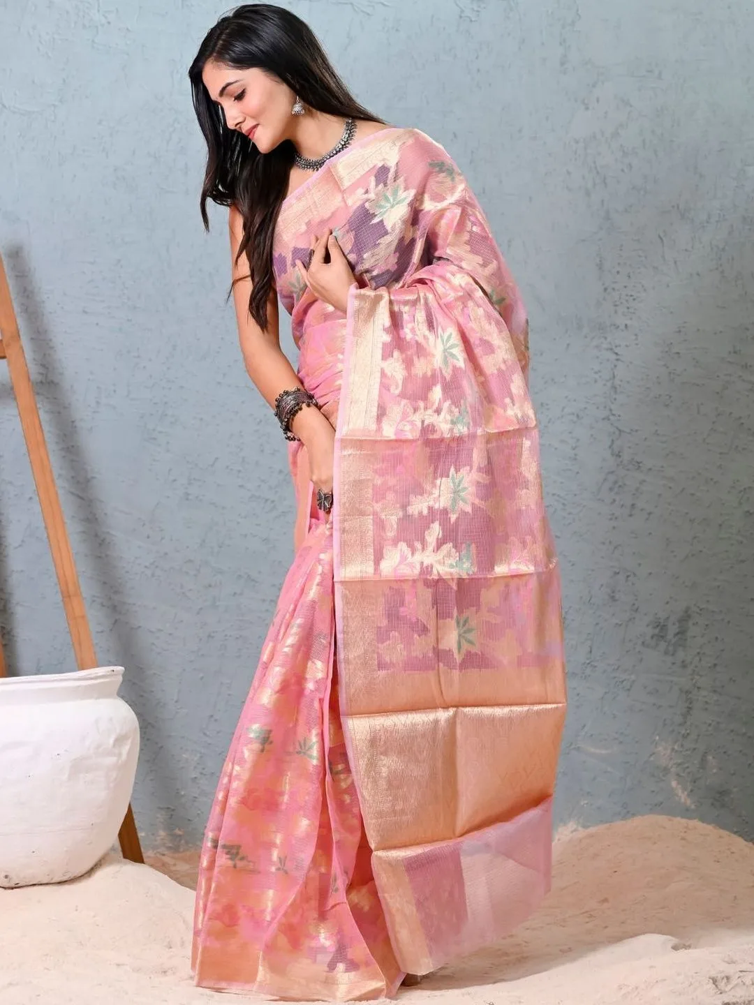 Pink Kota Doria Floral Zari Design Saree — front