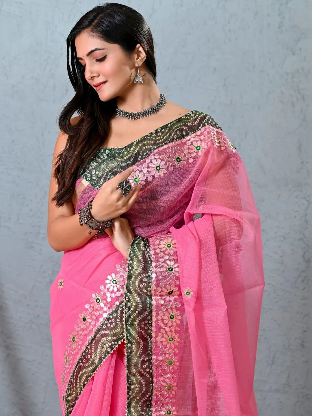Pink Kota Doria Gota Patti Saree with Bandhani Border — front